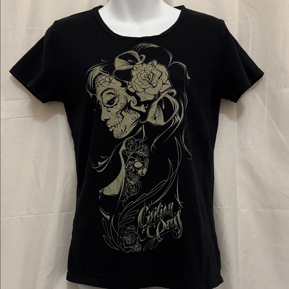 Elegant Black Tee with Gold Artistic Design